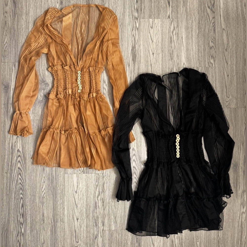 Ruffled V-Neck Swim Coverup in Tan and Black